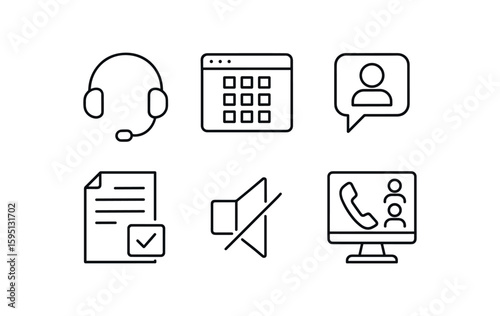 outline stroke icon headset with mic, dialer software screen, customer account prompt, scripted response sheet, mute button console, call queue monitor, monoline icons style isolated