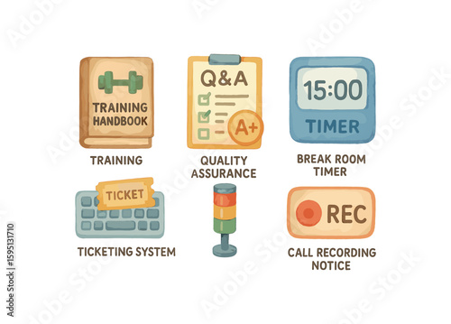 watercolor icon training handbook, quality assurance scorecard, break room timer, ticketing system keyboard, status light indicator, call recording notice, paint colored isolated