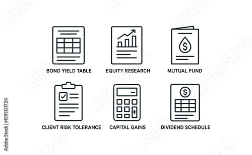 outline stroke icon bond yield table, equity research report, mutual fund brochure, client risk tolerance form, capital gains calculator, dividend schedule print, monoline icons style isolated