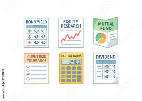 watercolor icon bond yield table, equity research report, mutual fund brochure, client risk tolerance form, capital gains calculator, dividend schedule print, paint colored isolated