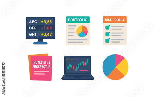 objects market ticker monitor, portfolio summary sheet, risk profile questionnaire, investment prospectus stack, trading platform laptop, asset allocation chart, solid color icon, outline, vector fill