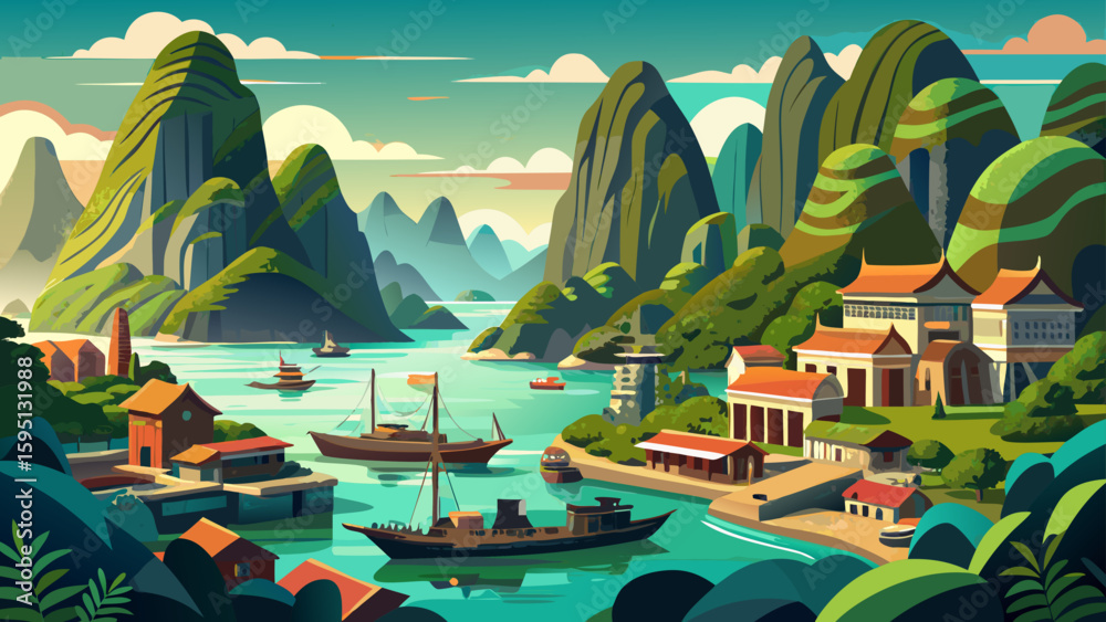 Fototapeta premium Ha Long City, Vietnam – Karst peaks rise from emerald waters beside bustling ports. The land-sea contrast offers stunning vector-ready scenes.