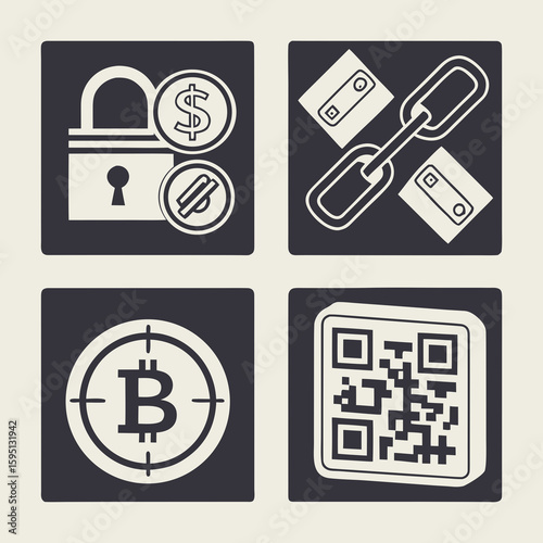 Icons show blockchain, bitcoin, qr code, and digital security
