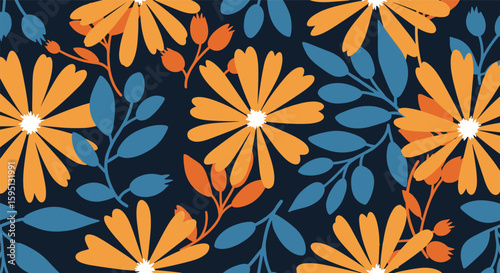 Vibrant Autumnal Floral Pattern Featuring Sunflowers and Falling Leaves on a Deep Navy Blue Background