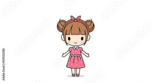Adorable animated little girl with a pink dress and bow in her hair dancing merrily