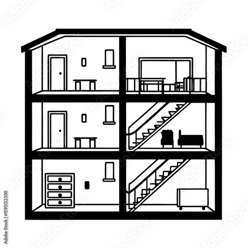 A cutaway line drawing of an apartment complex showing interior rooms, stairs, and elevators in side-view