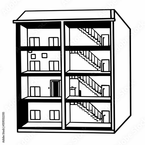 A cutaway line drawing of an apartment complex showing interior rooms, stairs, and elevators in side-view