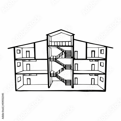 A cutaway line drawing of an apartment complex showing interior rooms, stairs, and elevators in side-view