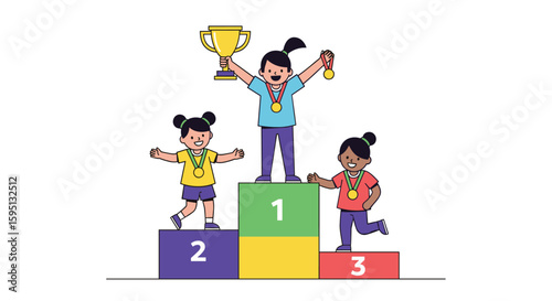 Children Celebrate Victory on Sports Podium with Gold Silver and Bronze Medals and a Trophy
