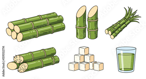 Sweetener ingredients sugarcane stalks cubes and juice for sweet treats and beverages