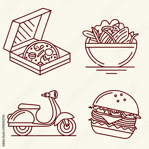 Food icons with pizza, salad, burger, and scooter delivery service