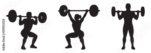 Male bodybuilder silhouettes, muscular poses, fitness figure collection, flexing muscles, strong man body, gym training concept, vector isolated set