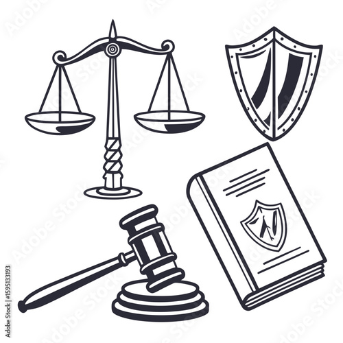Monochrome law icons represent justice, judgment, and legal proceedings
