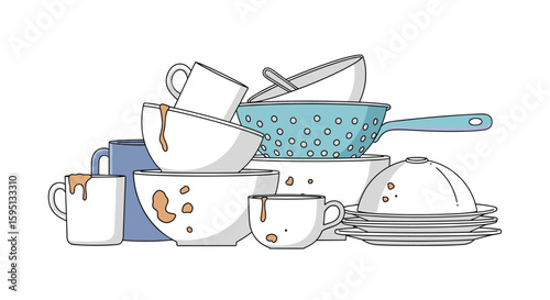 A pile of dirty dishes needing washing kitchenware leftover food remnants after mealtime