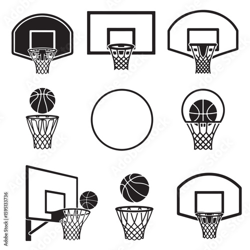 black vector various style Basketball hoop, basketball and goal, net, ring icon silhouettes set
