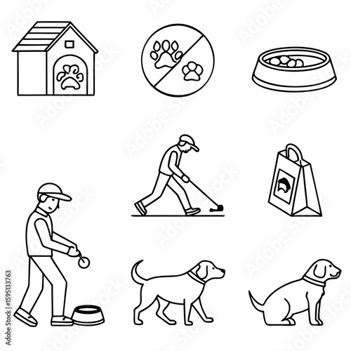 Dog house, bowl, and man playing hockey on a white background