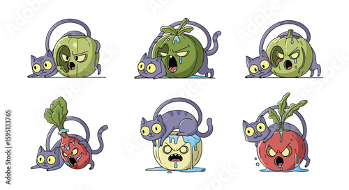 Fearsome feline friends fighting frightful fruit and vegetable foes in a hilarious frenzy