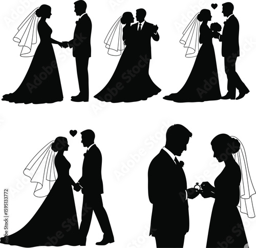 Vector art of silhouettes of a bride and groom on their wedding day