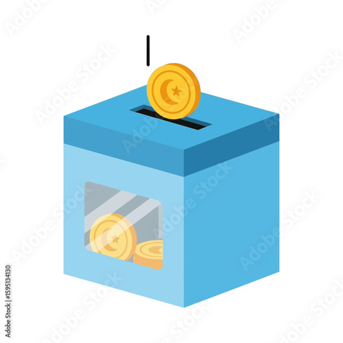 A blue box with coins inside and one being dropped into the slot.