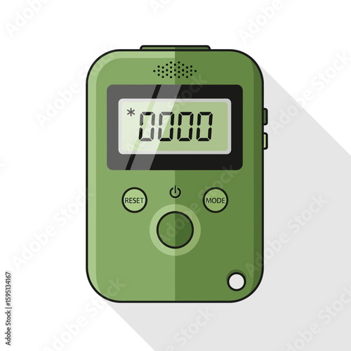 Green digital counter device with buttons and display on a white background.