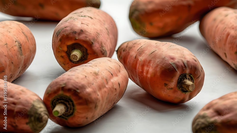 Top view of orange sweet potatoes with realistic skin and texture on smooth matte white surface, perfect for clean food photography collections, each image must differ in shape, arrangement, or perspe Top view of orange sweet potatoes with realistic skin and texture on smooth matte white surface, perfect for clean food photography collections, each image must differ in shape, arrangement, or perspe