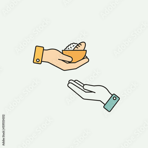 Hand giving bowl of food to another hand illustration on white background.
