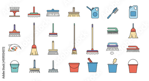 Collection of diverse household cleaning tools and supplies for a sparkling home environment