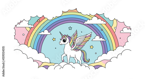 Magical Flying Unicorn Galloping Through a Pastel Rainbow Surrounded by Dreamy Clouds and Twinkling Stars