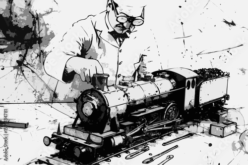 Black and white sketch illustration shows inventor working on a steam engine, meticulously detailing its design. The inventor working on a steam engine focuses intently.