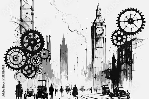 Black and white steampunk cityscape with gears creates a surreal urban sketch. Steampunk cityscape captures industrial elements and vintage vehicles amid towering buildings.