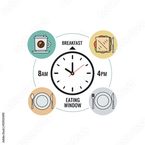 Clock face showing eating window with breakfast lunch and dinner icons.