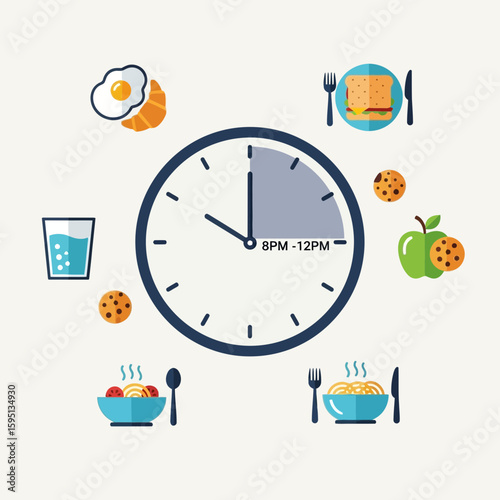 Clock surrounded by food items representing intermittent fasting concept on a light background.
