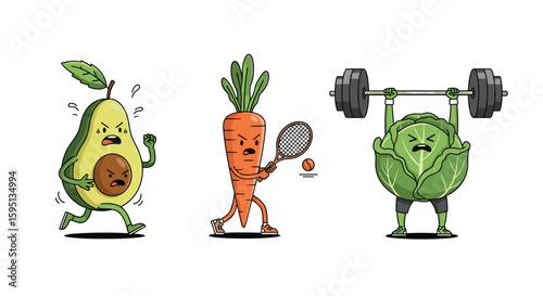 Healthy food characters engaging in various sports and fitness activities for wellness