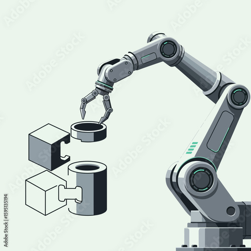 Robotic arm manipulates cubes and cylinders in a minimalist style illustration.