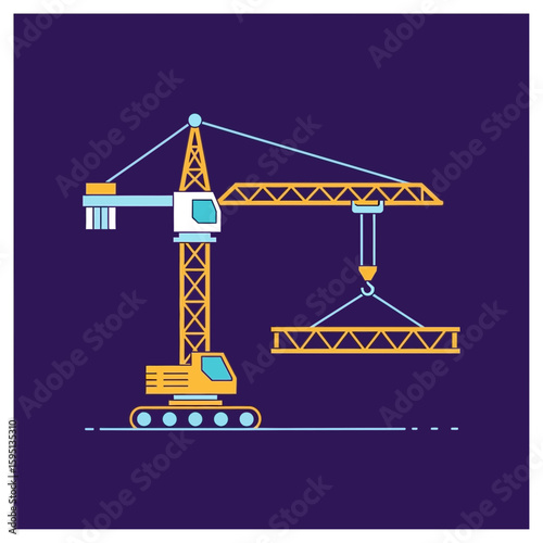 Crane lifting construction material on a purple background in vector illustration.