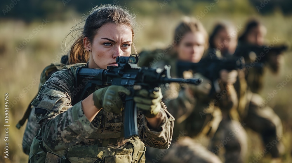 Fototapeta premium Three soldiers in camouflage uniforms aim rifles, focusing intently during a tactical training exercise in an outdoor setting.