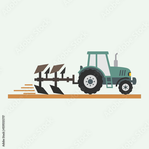 Tractor plowing a field illustration agricultural machinery farming equipment cultivation soil.