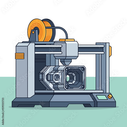 3d printer with orange filament spool printing a gray object on a platform.