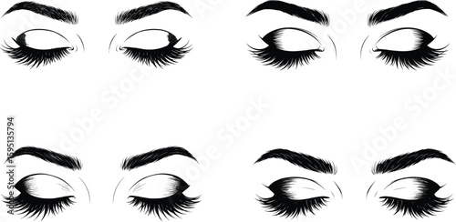 Set of woman's closed eyes with long beautiful eyelashes and perfect eyebrows. Vector illustration for beauty salon, lash extensions, and makeup artist branding.