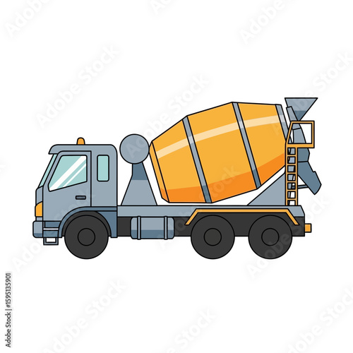 Cartoon cement mixer truck with yellow drum isolated on white background.
