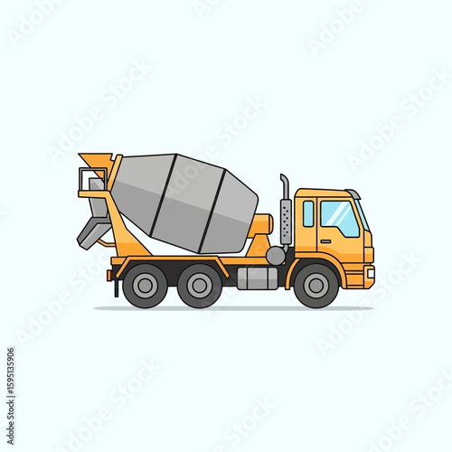 Yellow cement mixer truck cartoon illustration against a light blue background.