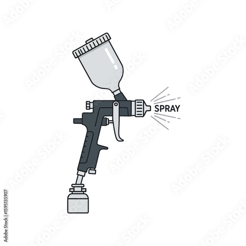 Spray gun with reservoir spraying liquid depicted against a white background.