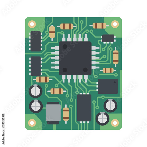 Green circuit board with integrated chips resistors capacitors and other components.