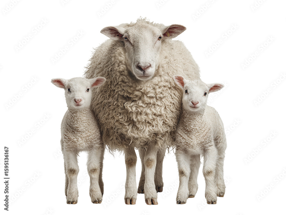 Fototapeta premium Sheep family portrait with mother ewe and two adorable lambs on black background