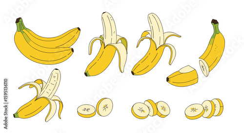 Collection of ripe yellow bananas being peeled and sliced for healthy eating