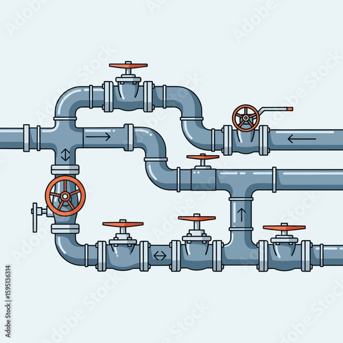 Interconnected pipes with valves illustration on light blue background.