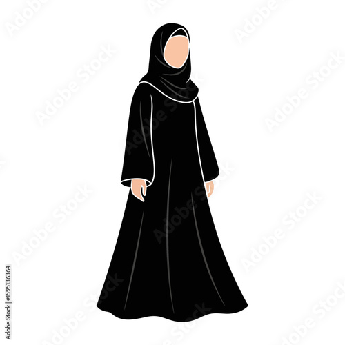 Woman in black abaya and hijab stands isolated on white background.