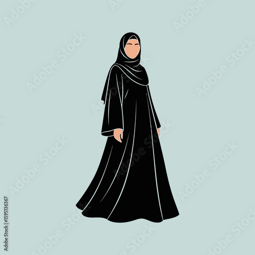 Woman in black abaya and hijab stands against a light blue background.