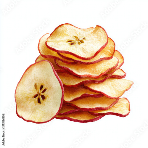 Dried apple chips isolated on white background watercolor artwork food photography studio setting healthy snack concept