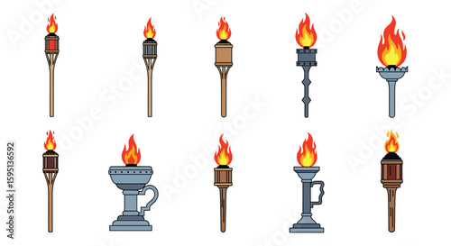 A collection of digital illustrations featuring various pixel art torches with flickering flames